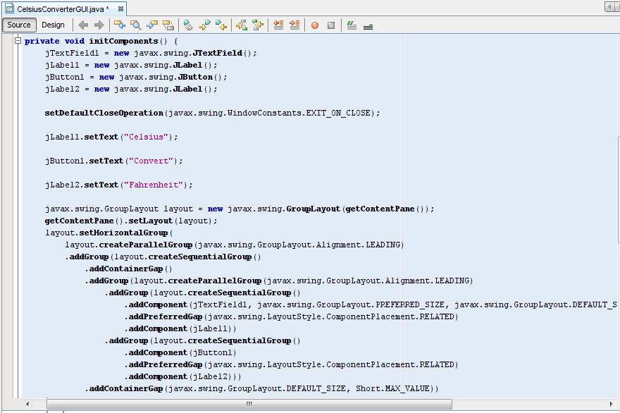 the contents of the NetBeans source tab for the simple GUI example