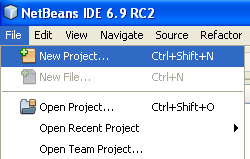 NetBeans IDE with the File > New Project menu item selected.