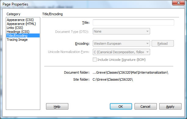 Dreamweaver page properties Encoding